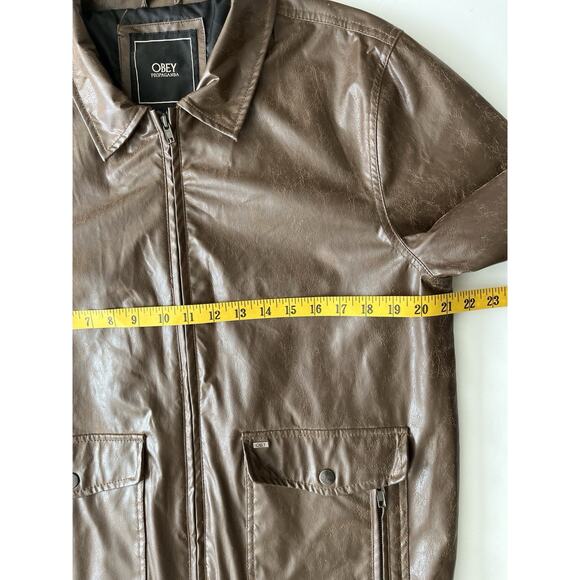 Obey Propaganda Faux Leather Bomber Jacket Men L Brown Collared Full Zipper - Picture 4 of 11